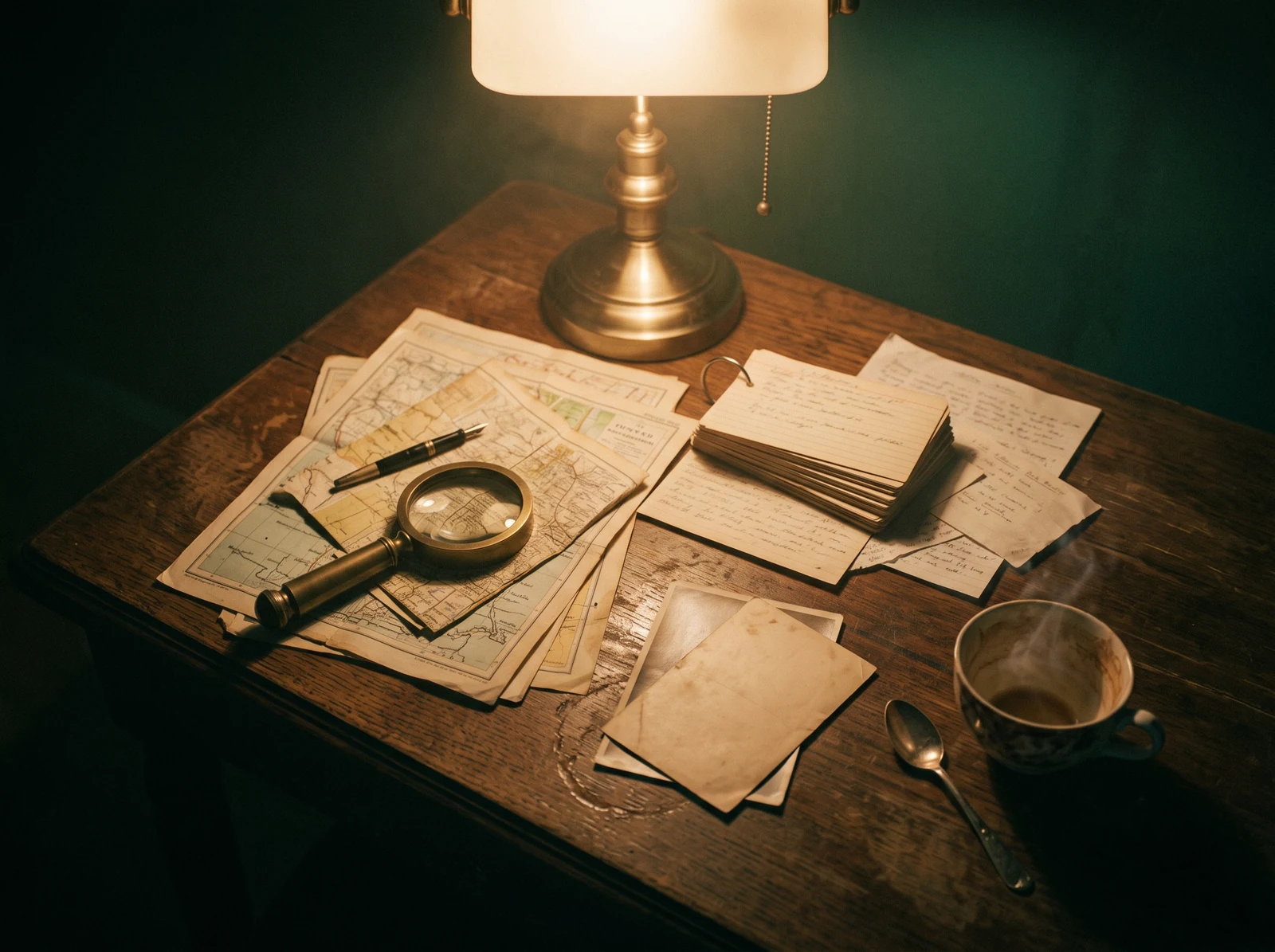 A desk lamp over research notes, a magnifying glass and photographs