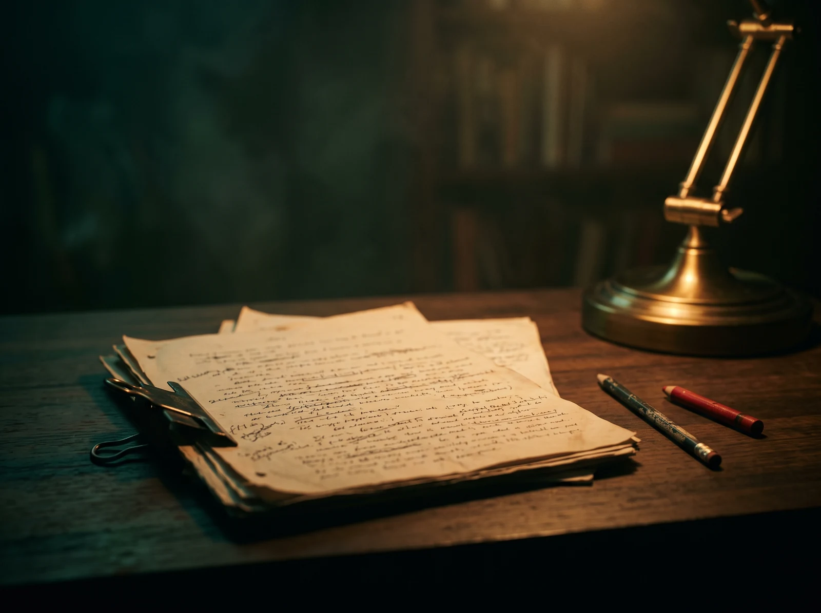 Handwritten script pages beside a brass lamp