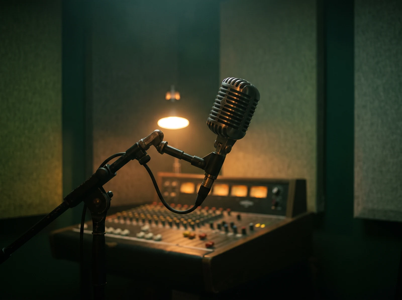 A studio microphone and a mixing desk under a single lamp