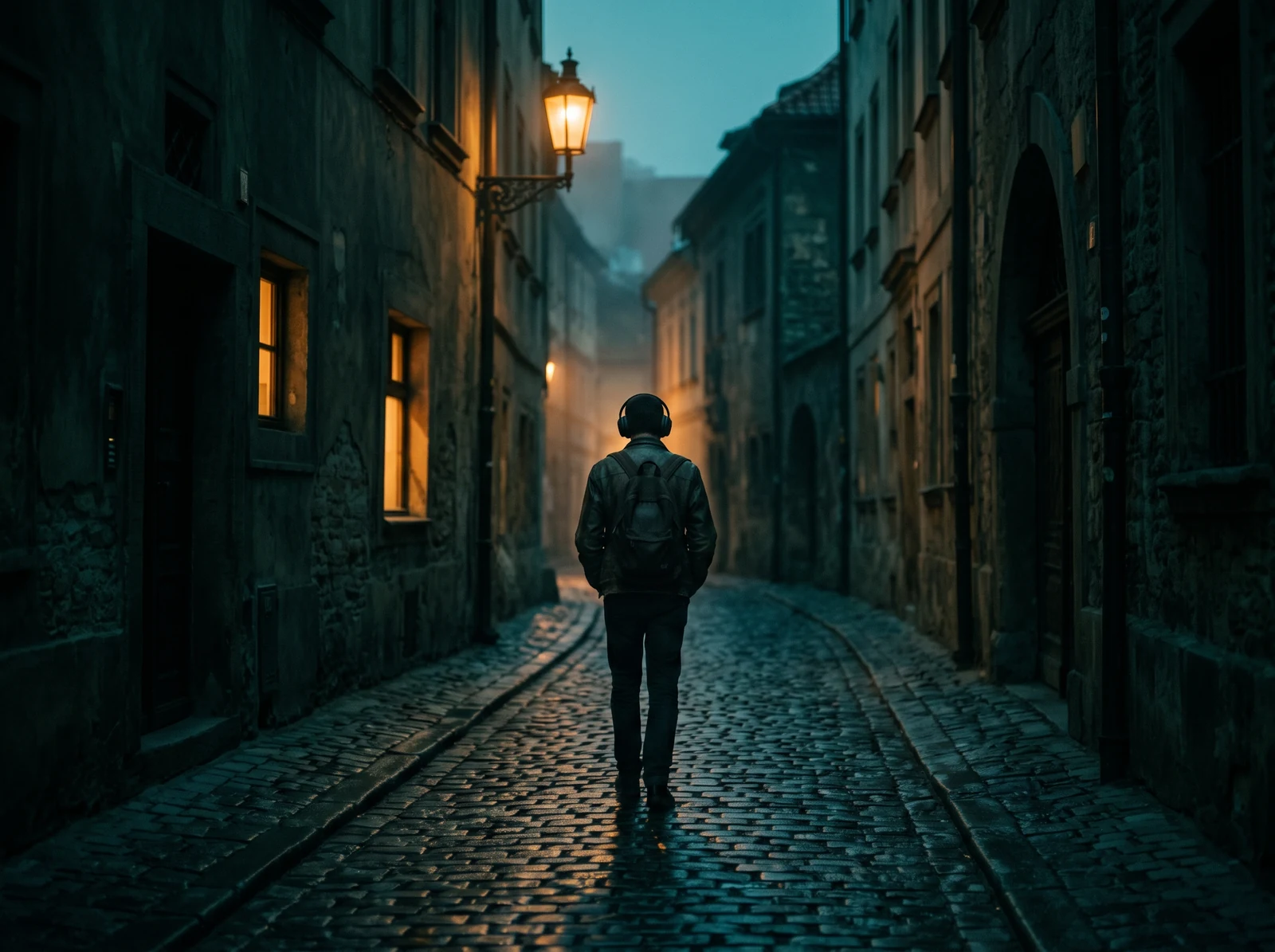 A person in headphones walking down a lamplit cobbled street at night