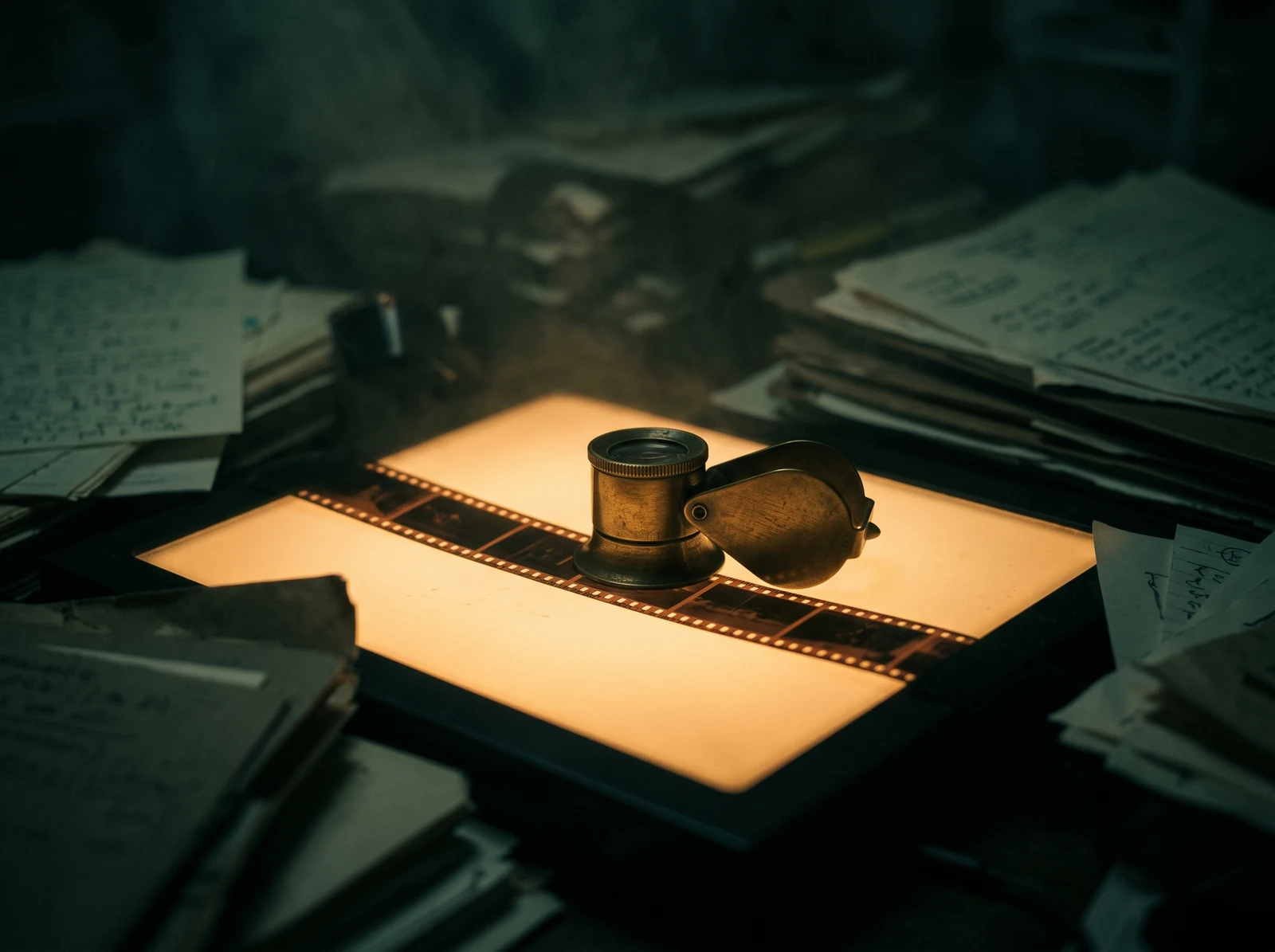 A strip of film on a lightbox among stacks of paper